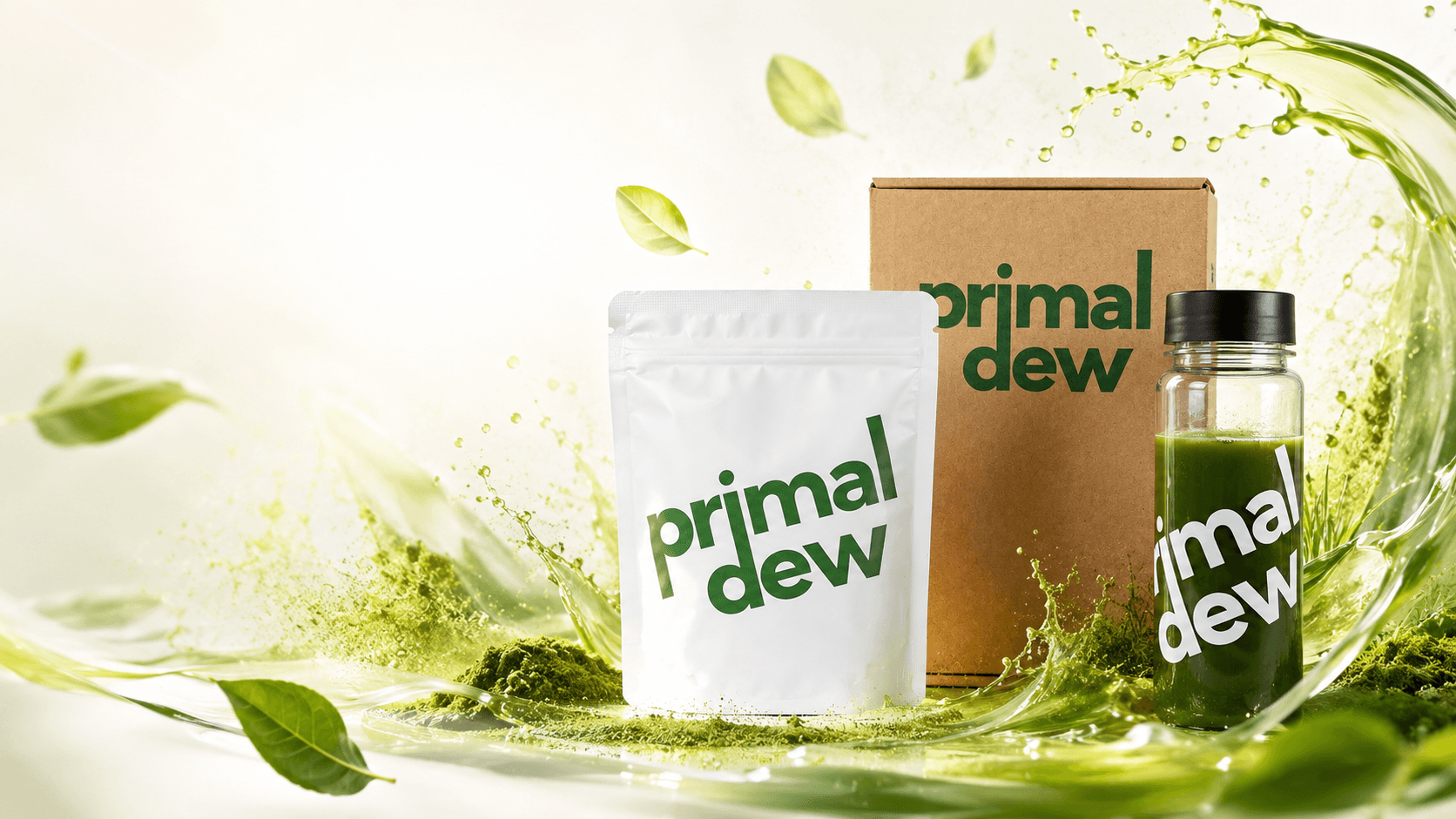 Primaldew Original super greens pouch, box, and green drink with fresh leaves and matcha powder splash